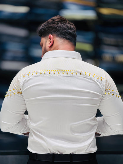 Royal Pearl Stud Party Shirt – White Elegance Edition PATTERNS FOR MEN