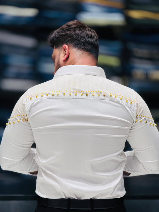 Royal Pearl Stud Party Shirt – White Elegance Edition PATTERNS FOR MEN