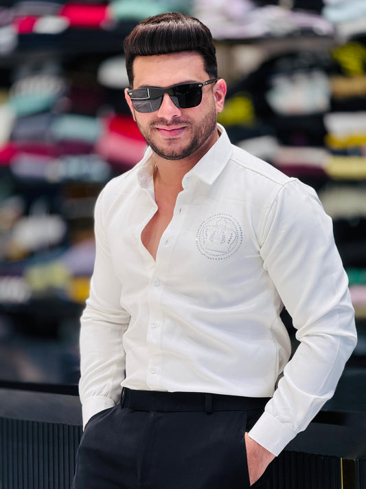 Men’s Premium White Party Wear Shirt – Royal Crest Design PATTERNS FOR MEN