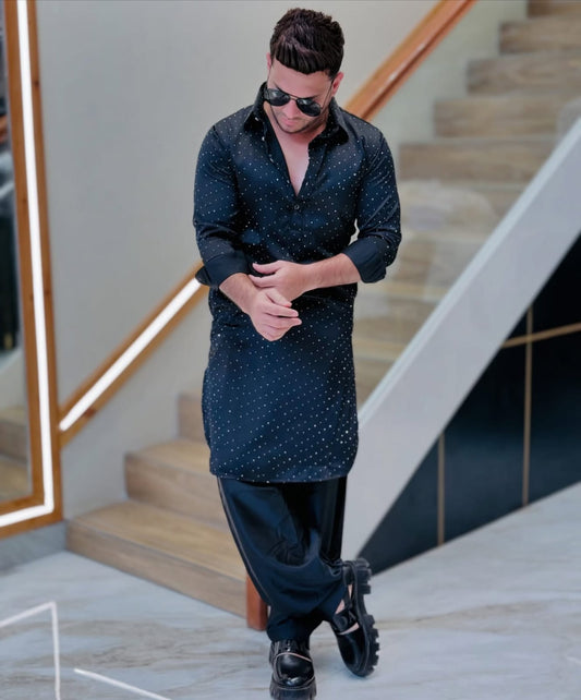 Black Diamond Studded Classic Kurta Pajama PATTERNS FOR MEN