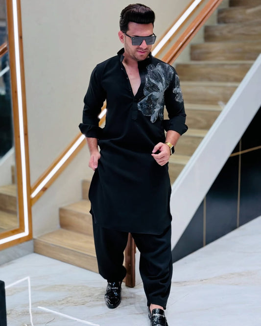 Black Designer Kurta with Side Floral Diamond Embellishment PATTERNS FOR MEN