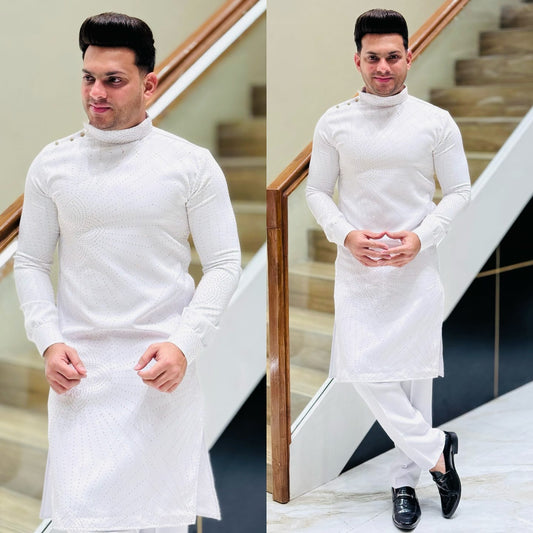 Royal White Diamond Studded Designer Kurta for Men PATTERNS FOR MEN