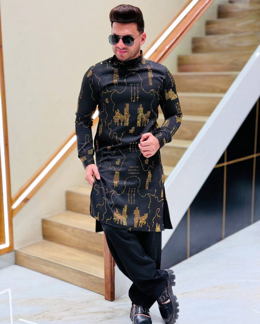 Regal Black Diamond Work Party Wear Kurta PATTERNS FOR MEN