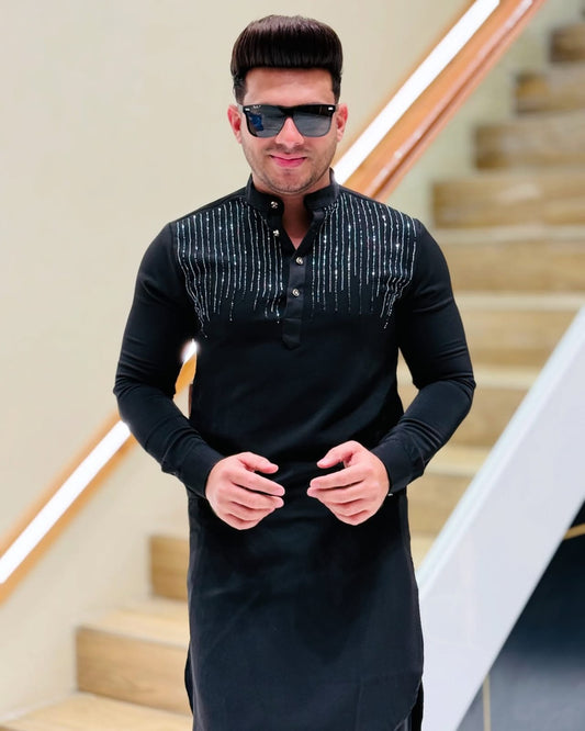 Armani Black Handwork Kurta for Men PATTERNS FOR MEN