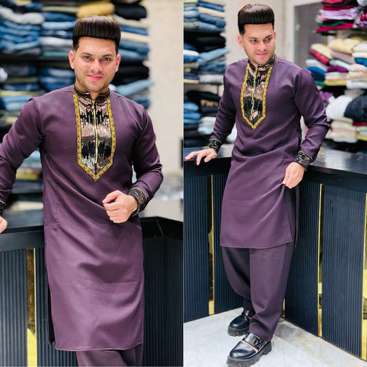 Royal Plum Embroidered Luxury Kurta for Men PATTERNS FOR MEN