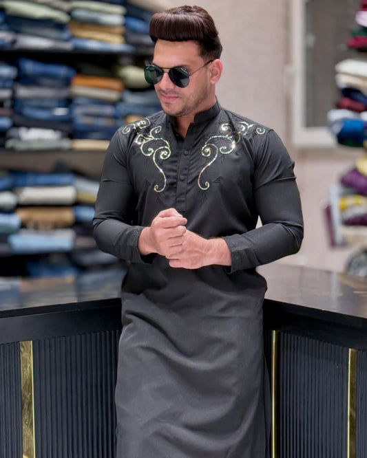 Airforce Black Embroidered Kurta for Men PATTERNS FOR MEN