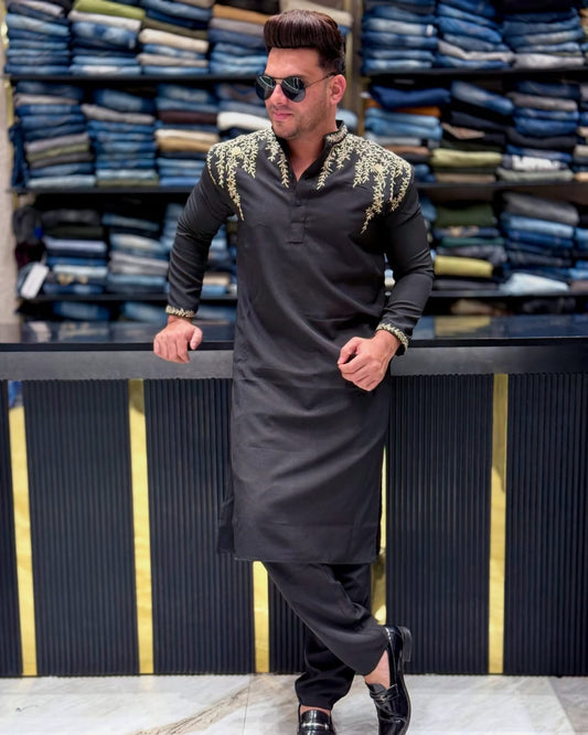 Royal Black Golden Embroidered Kurta for Men PATTERNS FOR MEN