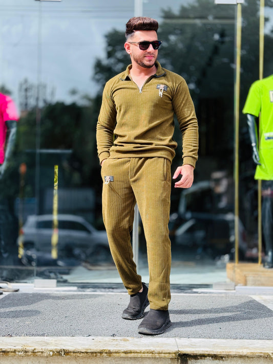 Olive Ribbed Half-Zip Tracksuit Set PATTERNS FOR MEN