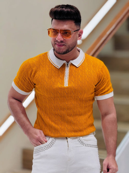 Retro Mustard Knit Polo T-Shirt PATTERNS FOR MEN