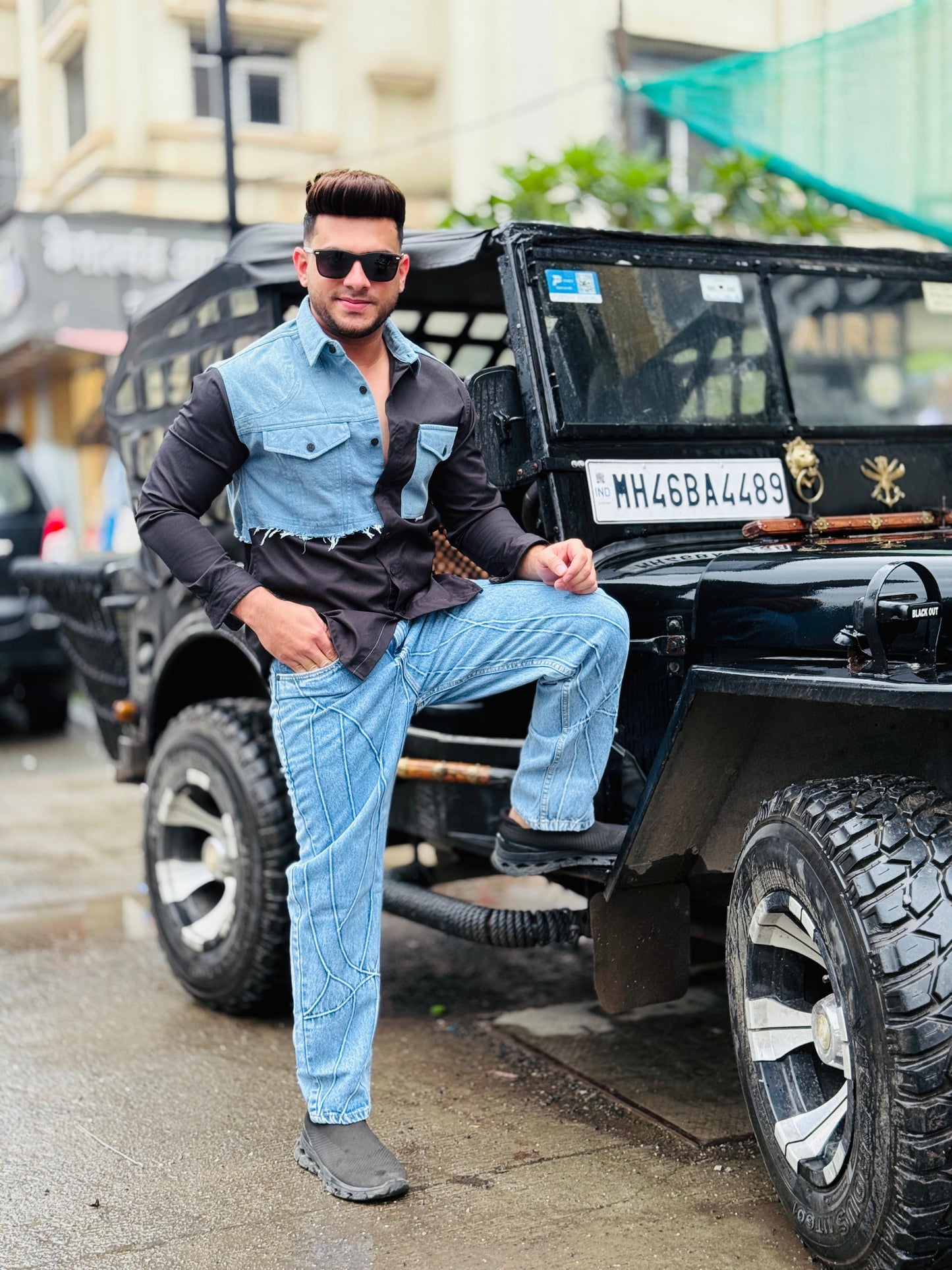 Denim Patchwork Black Shirt PATTERNS FOR MEN