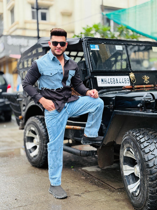 Denim Patchwork Black Shirt PATTERNS FOR MEN