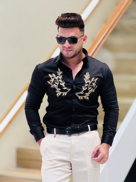Regal Black Leaf Embroidered Shirt PATTERNS FOR MEN
