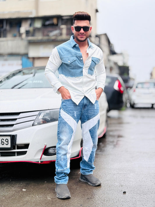 Two-Tone Denim Panel Casual Shirt PATTERNS FOR MEN