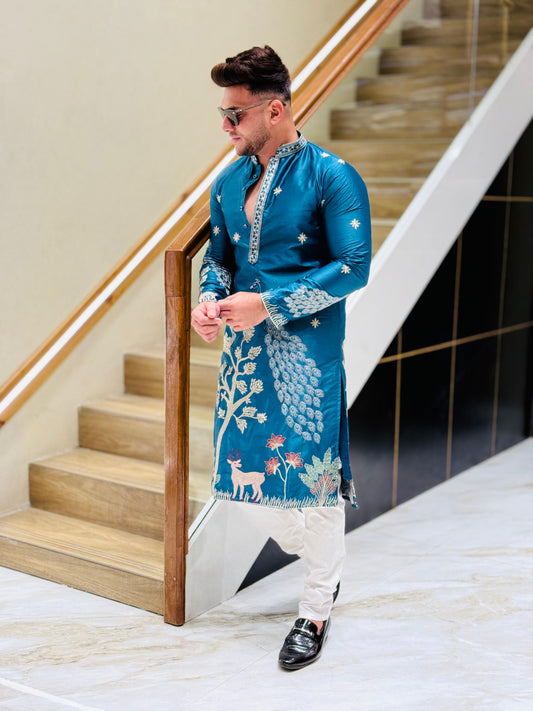 Peacock Paradise Embroidered Kurta Set PATTERNS FOR MEN