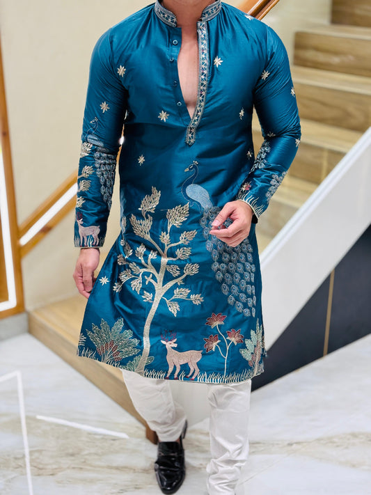 Peacock Paradise Embroidered Kurta Set PATTERNS FOR MEN