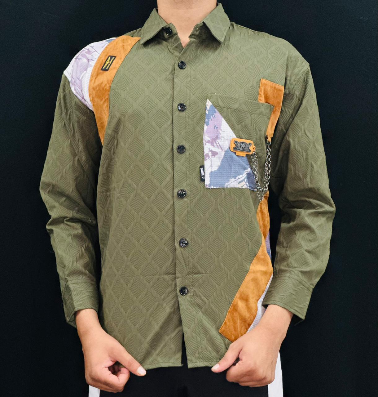 Olive Patchwork Utility Shirt PATTERNS FOR MEN