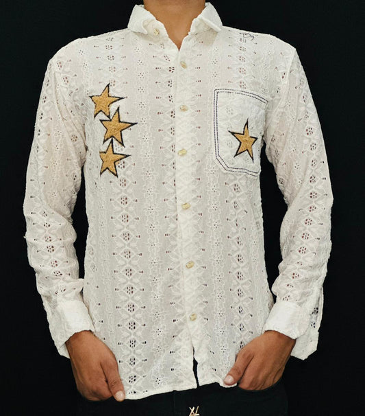 Star Embroidered White Eyelet Shirt PATTERNS FOR MEN