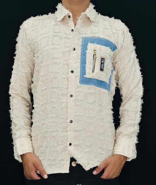 Men’s Cream Textured Casual Shirt with Blue Pocket Patch PATTERNS FOR MEN