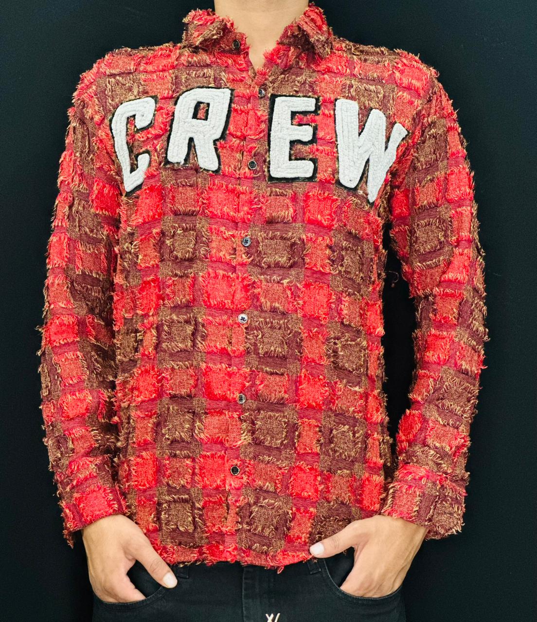 Men’s Red & Brown Textured Shirt with “CREW” Patchwork PATTERNS FOR MEN