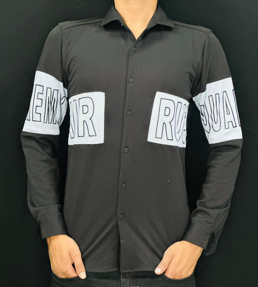 Men’s Black Casual Shirt with White Printed Panels PATTERNS FOR MEN