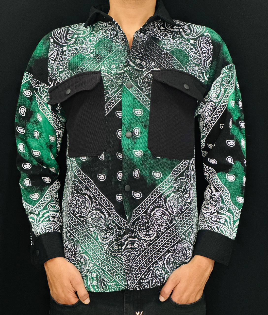 Men’s Bottle Green Bandana Print Casual Shirt with Black Pockets PATTERNS FOR MEN