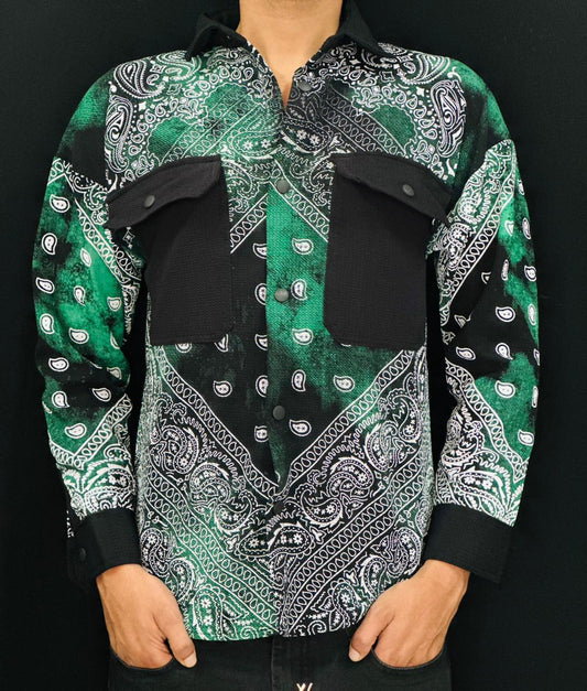 Men’s Bottle Green Bandana Print Casual Shirt with Black Pockets PATTERNS FOR MEN