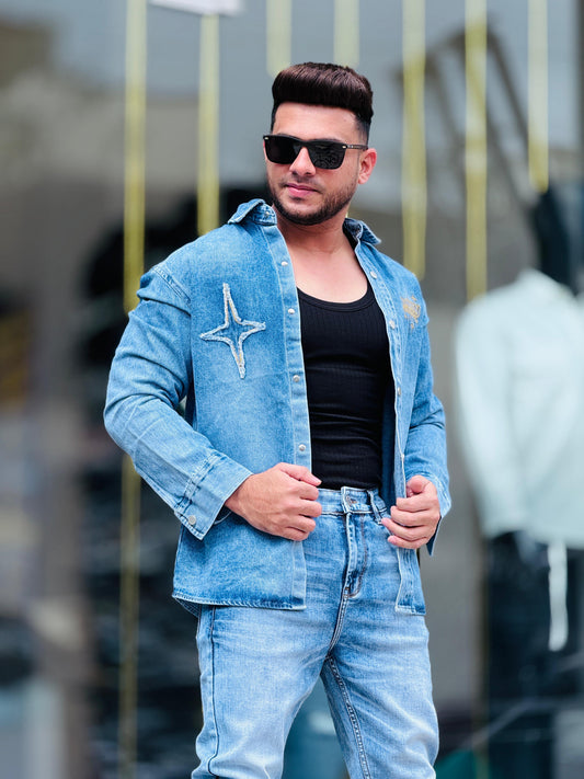 Sky Blue Star Patch Denim Shirt for Men PATTERNS FOR MEN