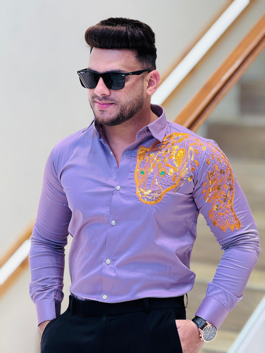 Lavender Regal Lion Embroidered Men's Shirt PATTERNS FOR MEN