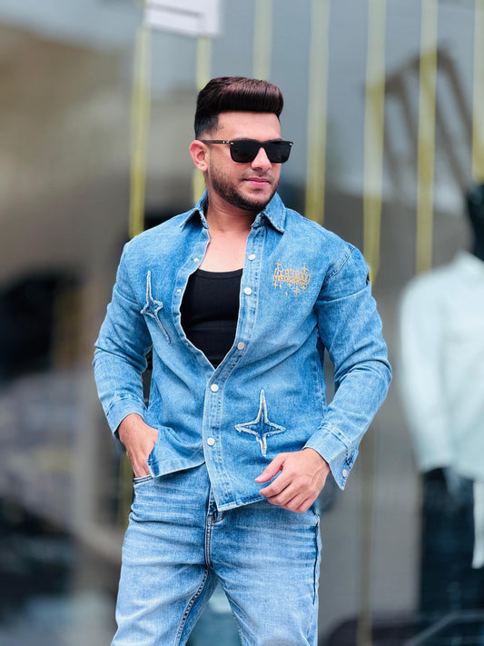 Sky Blue Star Patch Denim Shirt for Men PATTERNS FOR MEN