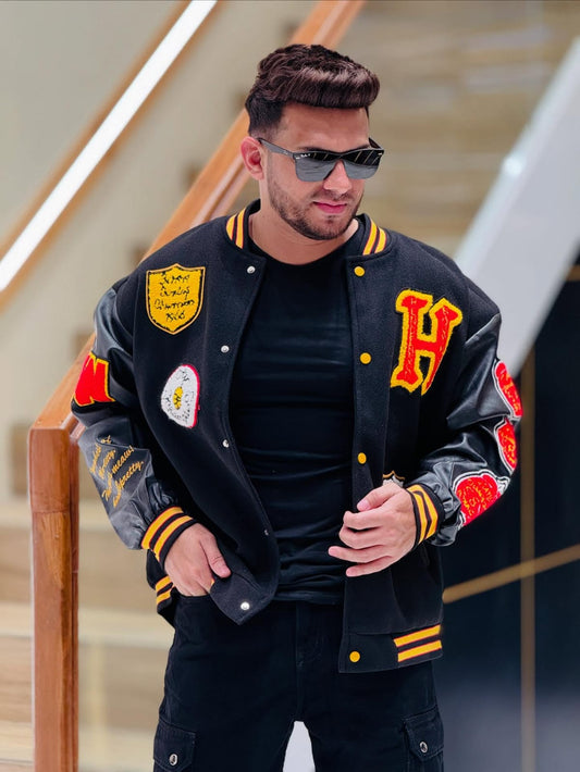 Black Varsity Patch Jacket PATTERNS FOR MEN