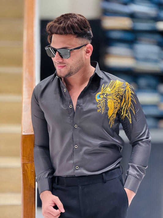 Black & Gold Dragon Embroidered Shirt PATTERNS FOR MEN