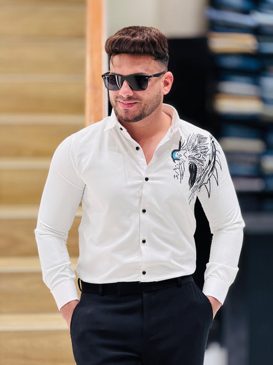 White Dragon Embroidered Shirt PATTERNS FOR MEN