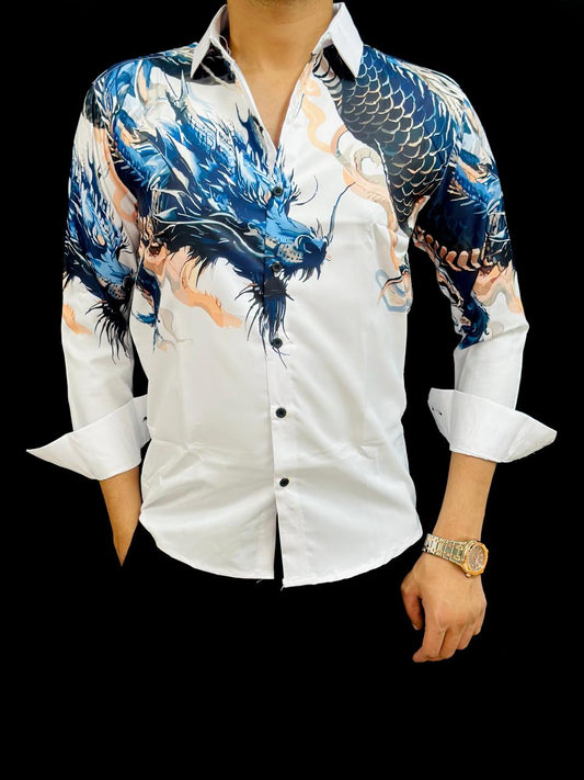 Dragon Print White Shirt PATTERNS FOR MEN