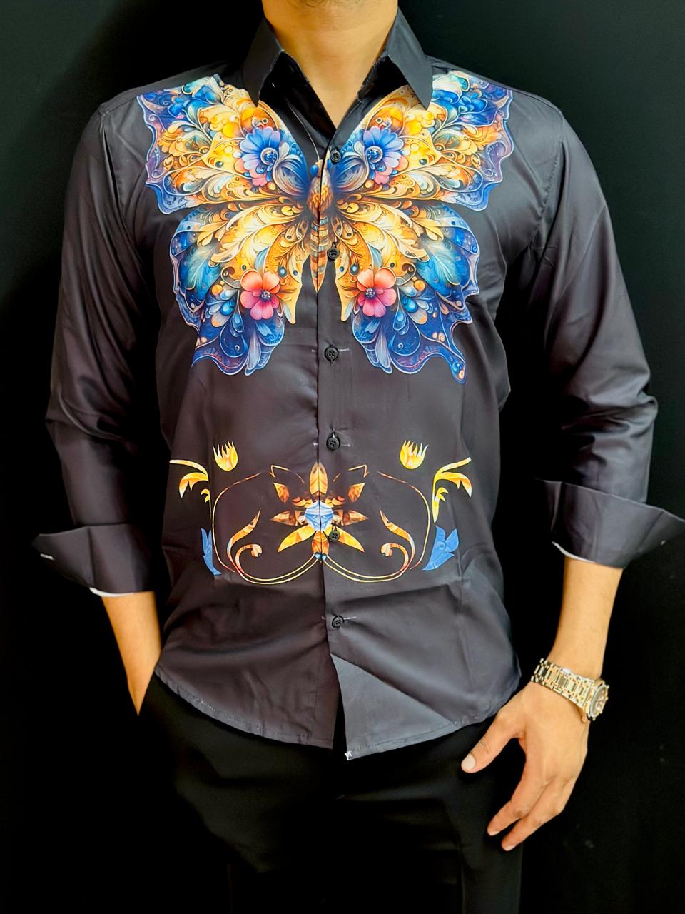 Butter Fly Print Black Shirt PATTERNS FOR MEN