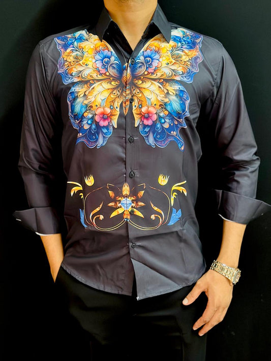 Butter Fly Print Black Shirt PATTERNS FOR MEN