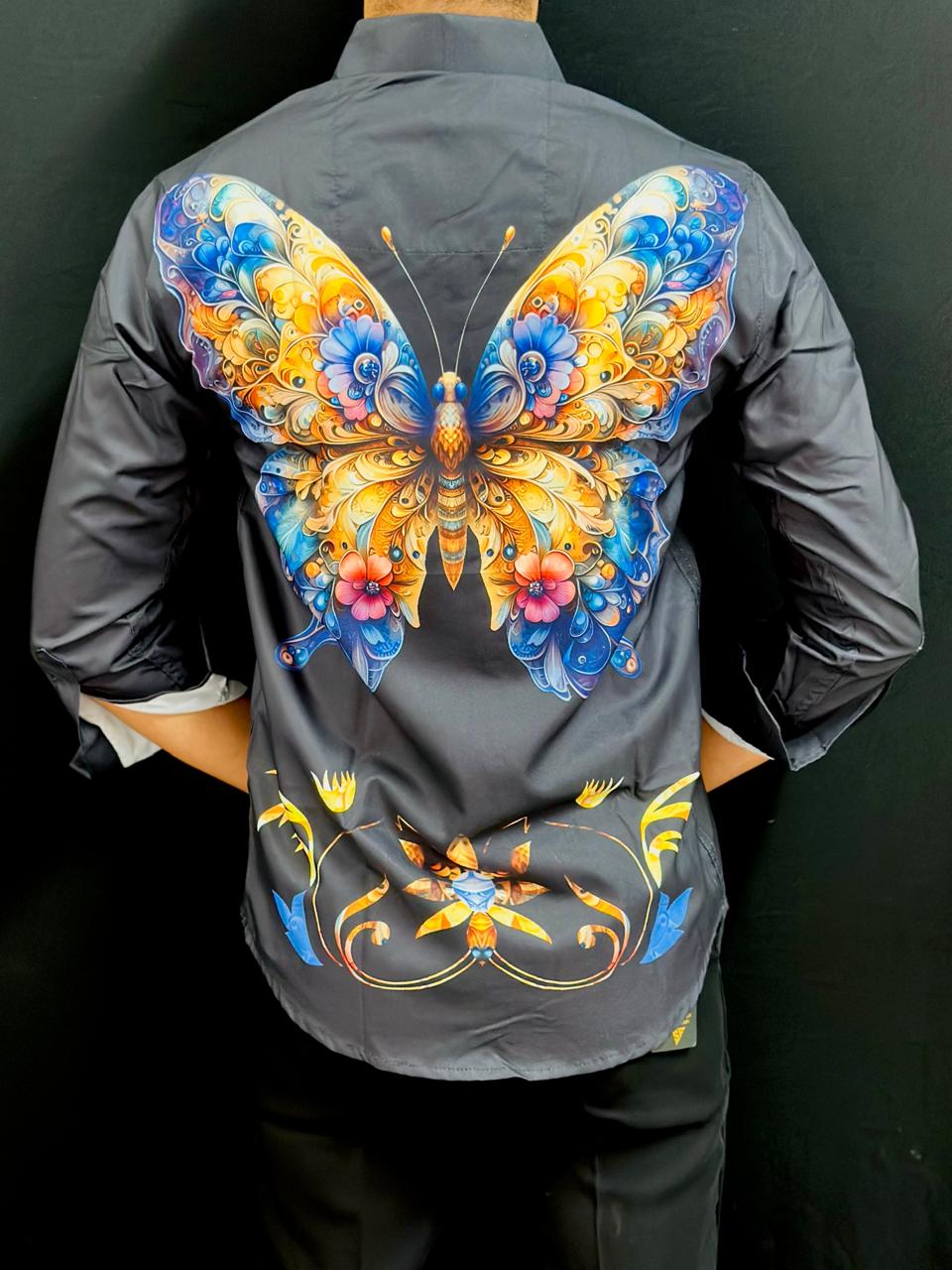 Butter Fly Print Black Shirt PATTERNS FOR MEN