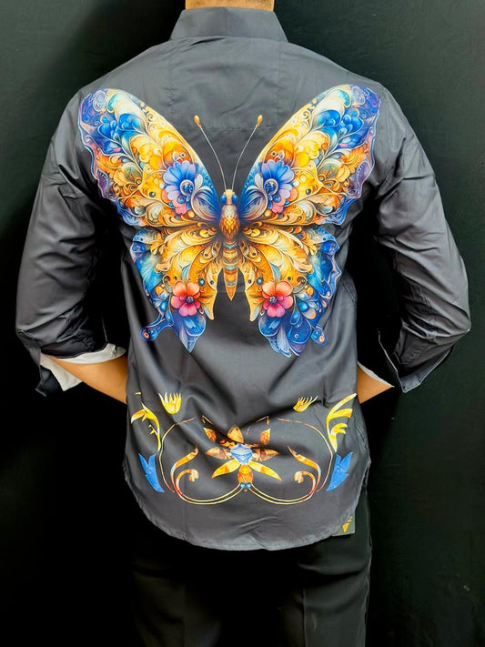 Butter Fly Print Black Shirt PATTERNS FOR MEN