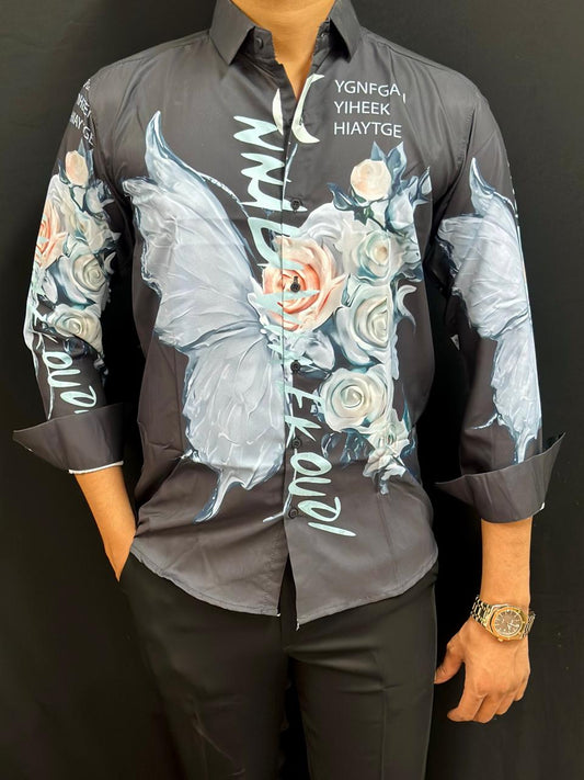 Flower Print Black Shirt PATTERNS FOR MEN