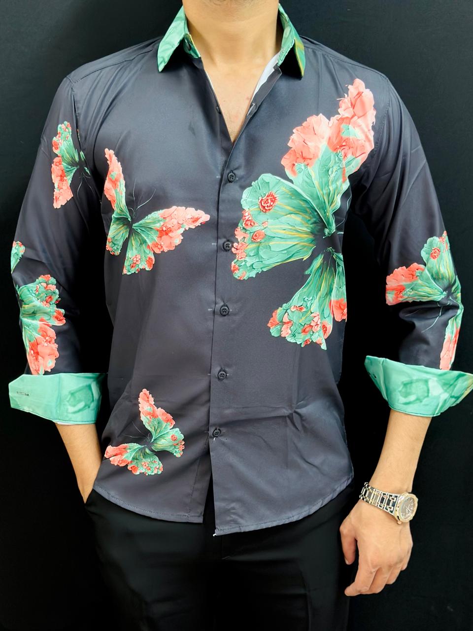 Butter Fly Print Black Shirt PATTERNS FOR MEN