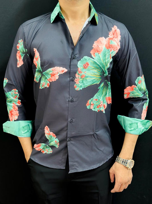 Butter Fly Print Black Shirt PATTERNS FOR MEN