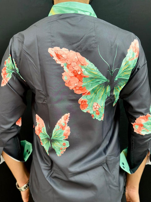 Butter Fly Print Black Shirt PATTERNS FOR MEN