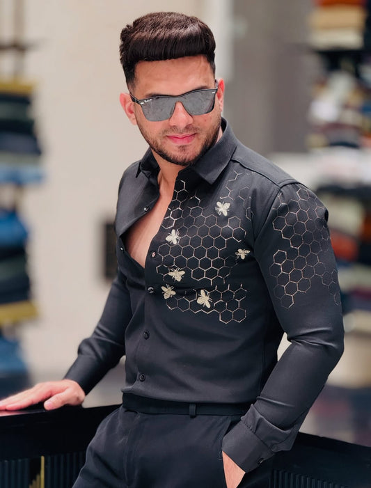 Black Honeycomb Bee Embroidered Shirt PATTERNS FOR MEN