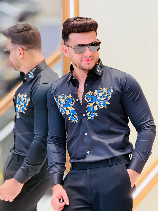 Royal Black Embroidered Party Wear Shirt PATTERNS FOR MEN