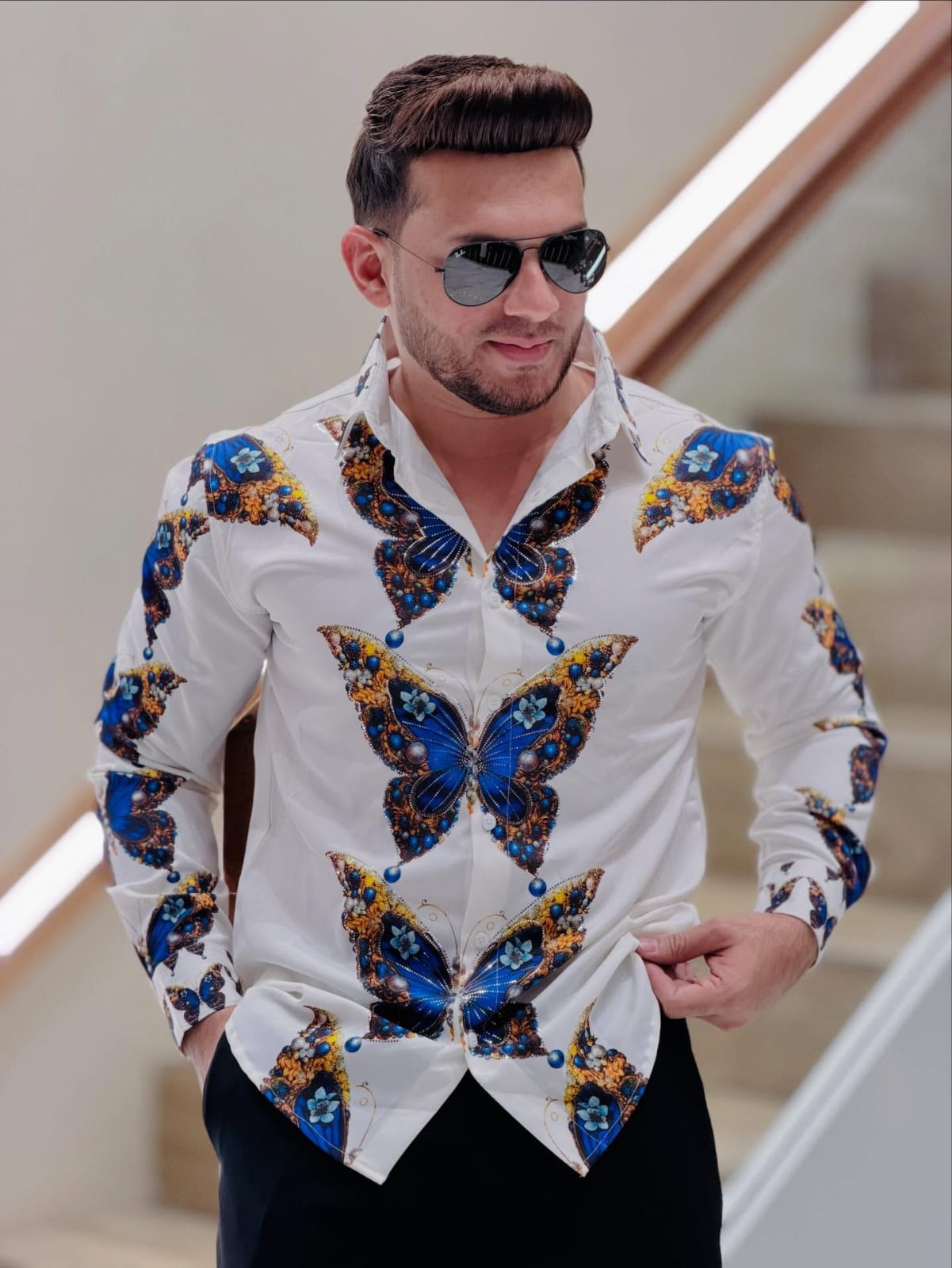 Royal Blue Butterfly Printed Shirt PATTERNS FOR MEN