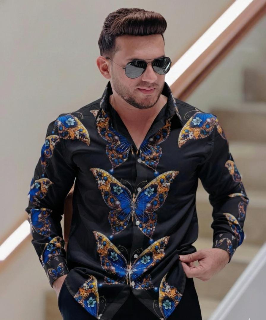 Royal Blue Butterfly Printed Shirt PATTERNS FOR MEN