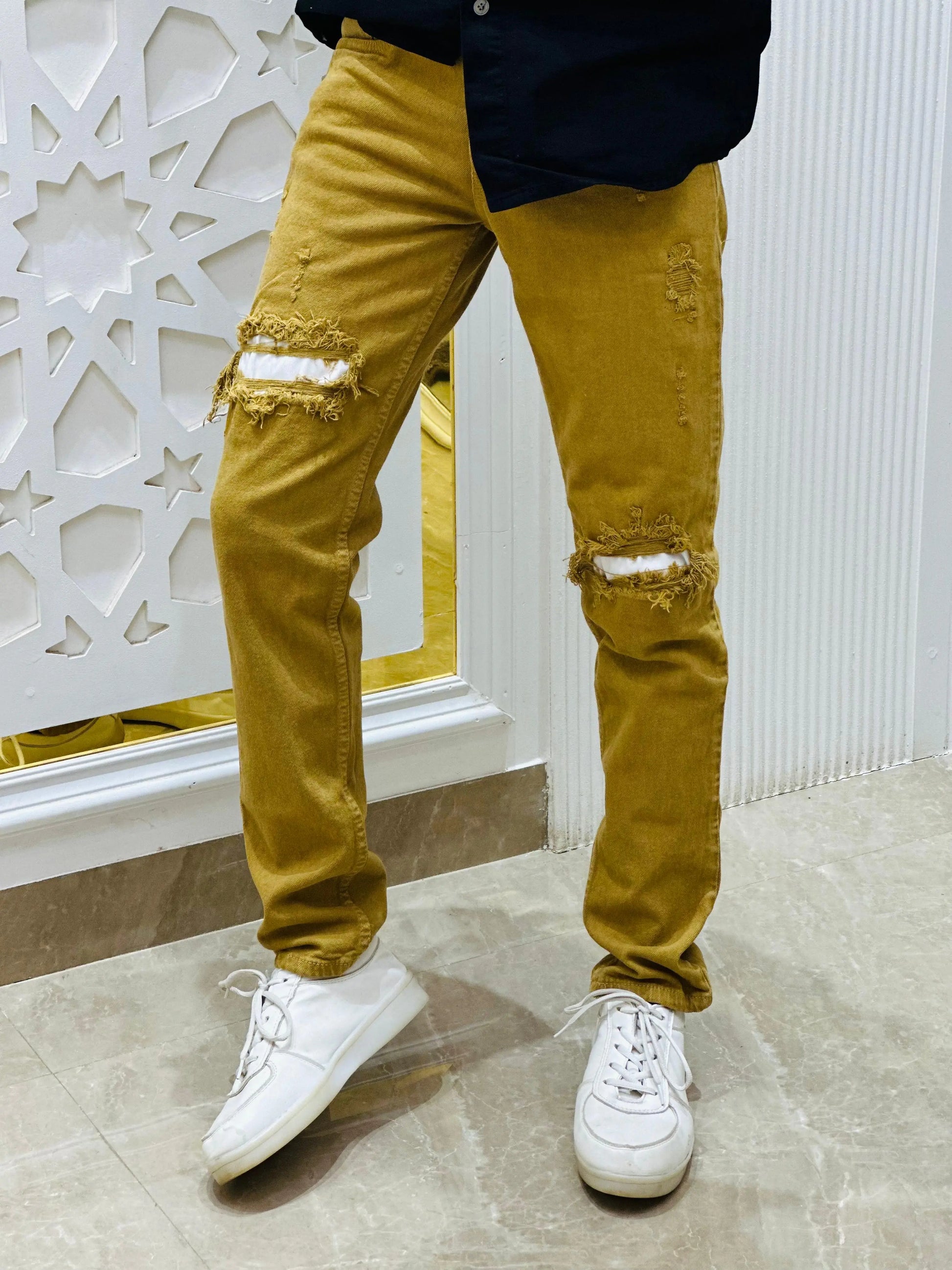 Mustard Distressed Denim Jeans PATTERNS FOR MEN