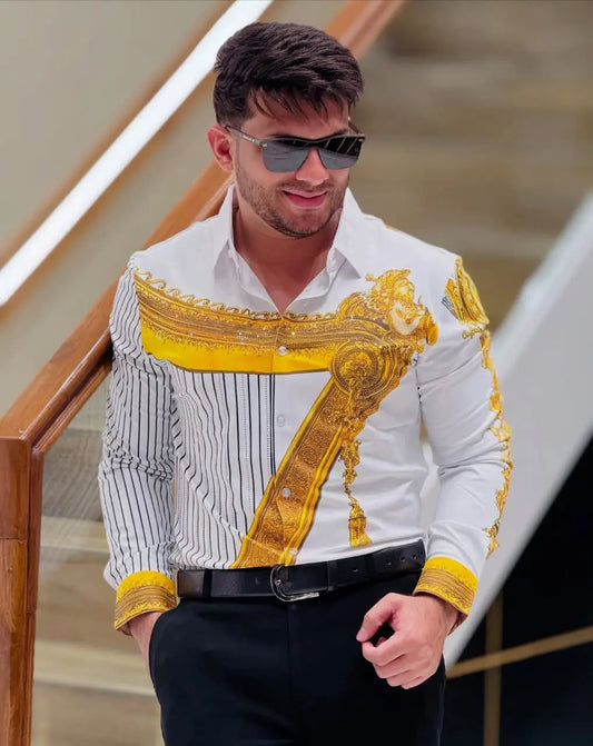 Imported Luxury Men's Shirt – Bold Gold Frame & Stripe Print | Party Wear – ₹1999 PATTERNS FOR MEN