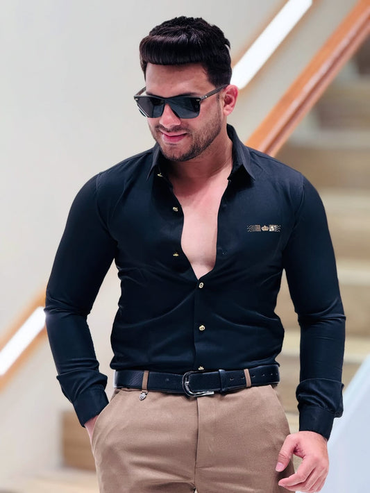 Men’s Imported Black Shirt with Gold Crown Detailing – Classy Semi-Formal Look – ₹1499 PATTERNS FOR MEN