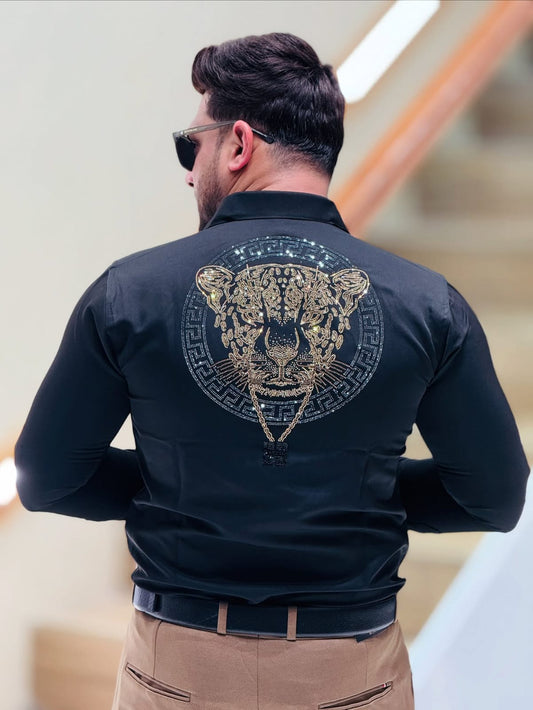 Men’s Imported Black Shirt with Gold Crown Detailing – Classy Semi-Formal Look – ₹1499 PATTERNS FOR MEN