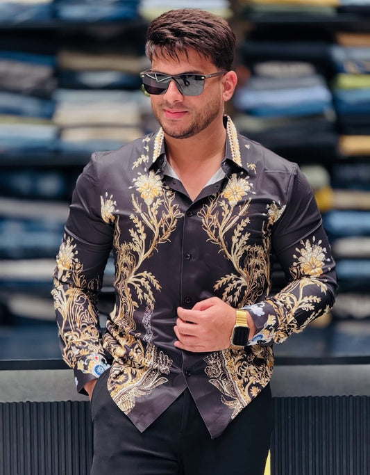 Imported Black & Gold Designer Shirt for Men – Royal Floral Baroque Print – ₹1999 PATTERNS FOR MEN